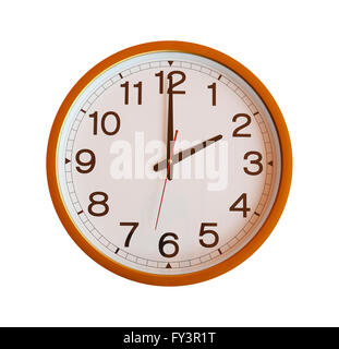 orange wall clock isolated in two o'clock on white background. Stock Photo