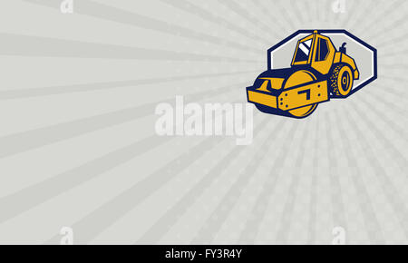 Business card showing illustration of road roller flat drum viewed from the front on low angle done in retro style. Stock Photo