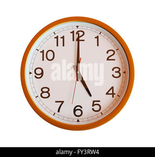 orange wall clock isolated in five o'clock on white background. Stock Photo