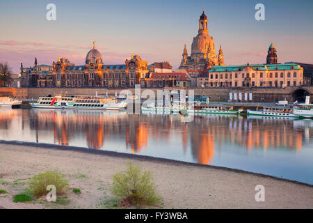 Dresden. Image of Dresden, Germany during sunset with Elbe River in the foreground. Stock Photo