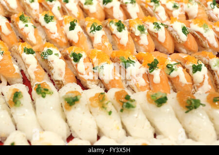 fancy Salmon sushi of japan foods in restaurant. Stock Photo
