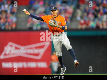 Arlington, Texas, USA. 20th April, 2016. Houston Astros shortstop Carlos Correa #1 throws out Texas Rangers right fielder Nomar Mazara #30 in the third inning during an MLB game between the Houston Astros and the Texas Rangers during the Silver Boot Series at Globe Life Park in Arlington, TX Texas defeated Houston 2-1. Credit:  Cal Sport Media/Alamy Live News Stock Photo