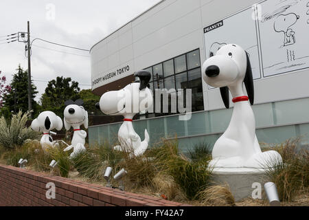 Tokyo, Japan. 21st Apr, 2016. Various statues of Snoopy on display at the entrance of the Snoopy Museum Tokyo in Roppongi on April 21, 2016, Tokyo, Japan. Snoopy Museum Tokyo is the first outside the United States dedicated to the artwork of Charles M. Schulz. On display are some 60 original comic strips selected by Jean Schulz, wife of Peanuts creator, and personal gifts from fans that she has received over the years. Credit:  Aflo Co. Ltd./Alamy Live News Stock Photo