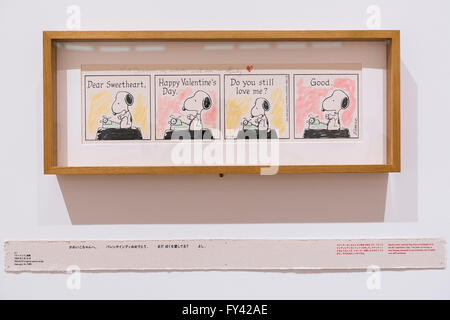 Tokyo, Japan. 21st Apr, 2016. Original comic strips of Peanuts on display at the Snoopy Museum Tokyo in Roppongi on April 21, 2016, Tokyo, Japan. Snoopy Museum Tokyo is the first outside the United States dedicated to the artwork of Charles M. Schulz. On display are some 60 original comic strips selected by Jean Schulz, wife of Peanuts creator, and personal gifts from fans that she has received over the years. Credit:  Aflo Co. Ltd./Alamy Live News Stock Photo