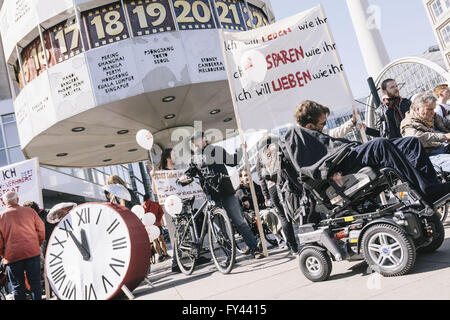 Berlin, Berlin, Germany. 21st Apr, 2016. Protester during the protest of disability rights activists in front of the world clock on Alexanderplatz in Berlin. The protesters ask for a full implementation of the Disability Rights Convention of the United Nations as part of the promised federal participation law and support for assistance and domestic care regardless of income. Credit:  Jan Scheunert/ZUMA Wire/Alamy Live News Stock Photo