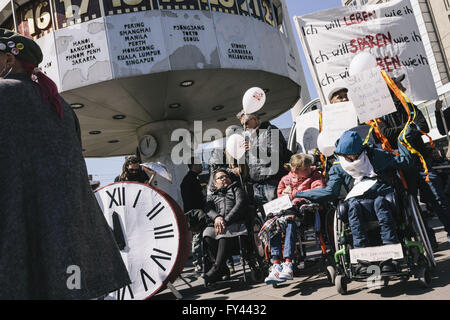 Berlin, Berlin, Germany. 21st Apr, 2016. Activists during the protest of disability rights activists in front of the world clock on Alexanderplatz in Berlin. The protesters ask for a full implementation of the Disability Rights Convention of the United Nations as part of the promised federal participation law and support for assistance and domestic care regardless of income. Credit:  Jan Scheunert/ZUMA Wire/Alamy Live News Stock Photo
