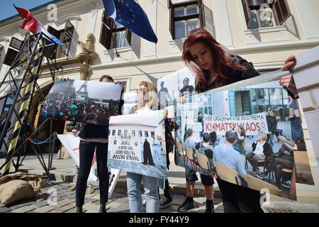 Zagreb, Croatia. 21st Apr, 2016. Croatian environmentalists participate in an Earth Day protest against fossil fuels energy in Zagreb, capital of Croatia, on April 21, 2016. This year, Earth Day coincides with the signing ceremony for the Paris Agreement on Climate Change, which will take place at UN Headquarters in New York on Friday. Credit:  Miso Lisanin/Xinhua/Alamy Live News Stock Photo