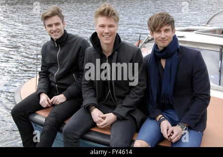 Copenhagen, Denmark. 21st April, 2016. Lighthouse X Danish pop group singers Soren Bewgendal (blue blazer)Johannes Nymark (Grey t-shirt and Martin Skiver (black t-shirt) will represent Denmark with song 'SOLDIER OF LOVE' at the Eurovision Song Contest in Stockholm, Sweden in May 2016 Photo.Francis Joseph Dean/Deanpictures. Stock Photo