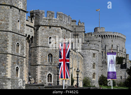 London, UK. 20th Apr, 2016. Photo taken on April 20, 2016 shows flags outside Windsor Castle celebrating the upcoming 90th birthday of Britain's Queen Elizabeth II in Windsor, Britain. Credit:  Han Yan/Xinhua/Alamy Live News Stock Photo