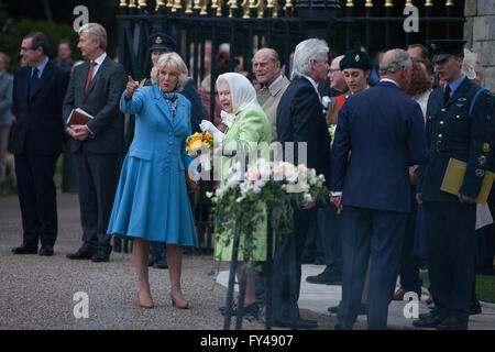 Windsor, UK. 21st April, 2016. The Duchess of Cornwall points out to the Queen other beacons lit on the Long Walk in Windsor Great Park in celebration of her 90th birthday. Credit:  Mark Kerrison/Alamy Live News Stock Photo