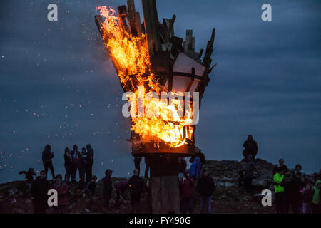Chapel Carn Brea, nr Lands End, Cornwall, UK. 21st April 2016. The beacon to celebrate the 90th birthday of the Queen, at Chapel Carn Brea, near Lands End, considered by many to be the first and last, hill in England. Credit:  Simon Maycock/Alamy Live News Stock Photo