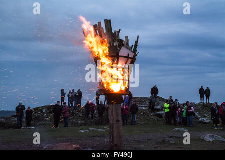 Chapel Carn Brea, nr Lands End, Cornwall, UK. 21st April 2016. The beacon to celebrate the 90th birthday of the Queen, at Chapel Carn Brea, near Lands End, considered by many to be the first and last, hill in England. Credit:  Simon Maycock/Alamy Live News Stock Photo