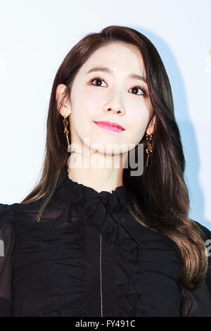 Tokyo, Japan. 21st Apr, 2016. South Korean singer and actress Im Yoona poses for the cameras during the opening celebration for Louis Vuitton's ''Volez, Voguez, Voyagez'' exhibition on April 21, 2016, Tokyo, Japan. After a successful run in Paris, the luxury fashion brand now brings the instalment to Tokyo, which traces Louis Vuitton's history from 1854 to today. Some 1,000 objects, including rare trunks, photographs and handwritten client cards will be displayed. Japanese room will be set up specially for Japan, showcasing such rare items as makeup and tea ceremony trunks for kabuki actor Ebi Stock Photo