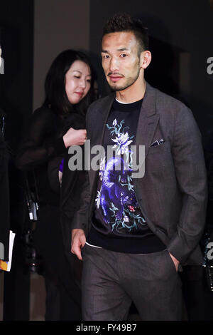 Tokyo, Japan. 21st Apr, 2016. Former Japanese football player Hidetoshi Nakata attends the opening celebration for Louis Vuitton's ''Volez, Voguez, Voyagez'' exhibition on April 21, 2016, Tokyo, Japan. After a successful run in Paris, the luxury fashion brand now brings the instalment to Tokyo, which traces Louis Vuitton's history from 1854 to today. Some 1,000 objects, including rare trunks, photographs and handwritten client cards will be displayed. Japanese room will be set up specially for Japan, showcasing such rare items as makeup and tea ceremony trunks for kabuki actor Ebizo XI. The ex Stock Photo