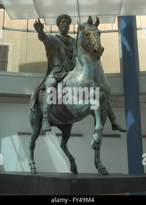 Rome, Italy, 21st April 2016. Rome, Italy, 21st April 2016. The original of the Equestrian Statue of Marcus Aurelius standing in the Capitolin Square is showcased inside the Capitoline Museum. The entrance fee to all the civic museums was waived in occasion of the birthday of Rom Credit:  Davide Vadala/Alamy Live News Stock Photo
