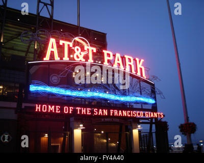 SAN FRANCISCO - APRIL 28: AT&T Park - Home of the Giants - Neon Sign at night with visual of water taken on April 28 2009 at Att Park in San Francisco California. Stock Photo