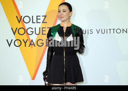Tokyo, Japan. 21st Apr, 2016. Hong Kong actress Carina Lau smiles during a photo call for the reception of Louis Vuitton's art exhibition in Tokyo on Thursday, April 21, 2016. French luxury barnd Luis Vuitton will hold the exhibition 'Volez, Voguez, Voyagez' in Tokyo from April 23 through June 19. Credit:  Yoshio Tsunoda/AFLO/Alamy Live News Stock Photo