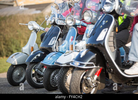 FILE - A file picture dated 11 March 2016 shows vehicles from members of the Vespa Club Frankfurt in Frankfurt am Main, Germany. The first Vespa was brought out in Italy 70 years ago. Photo: Frank Rumpenhorst/dpa Stock Photo
