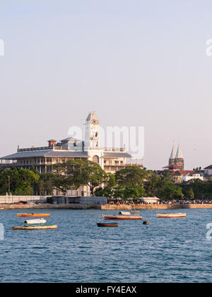 Stone Town on Zanzibar with House of Wonders seen from the ferry from Dar es Salaam. Stock Photo