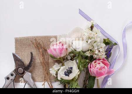 Pink tulips, white anemones, white buttercups and blossom plum tree branch lying on white from the top with ribbon and pruning s Stock Photo