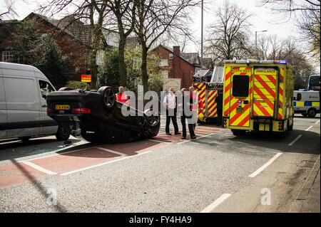 Road accident, fire engine, ambulance, police, overturned car, audi Stock Photo