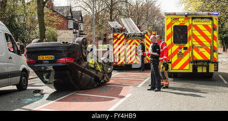 Road accident, fire engine, ambulance, police, overturned car, audi Stock Photo