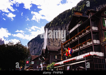 Hotel Oberland and Staubbach Falls in Lauterbrunnen (Jungfrau Region, Switzerland) Stock Photo