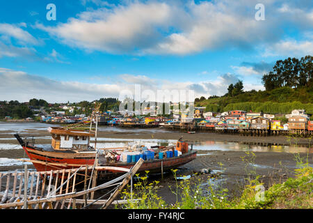 Traditional stilts houses known as palafitos in Castro, Chiloe island, Chile Stock Photo