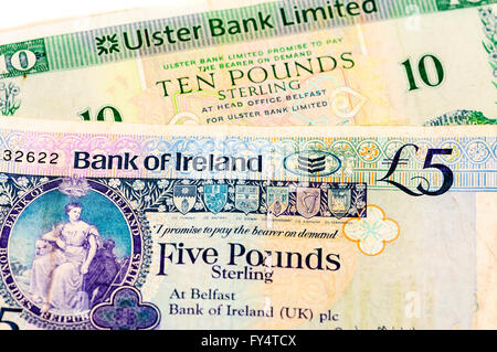 Ulster Bank and Bank of Ireland bank notes, as used in Northern Ireland. Stock Photo