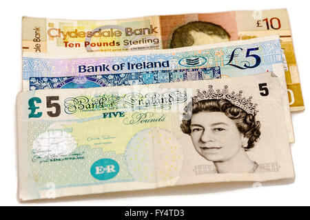 Banknotes from the Clydesdale Bank in Scotland, Bank of Ireland in Northern Ireland and the Bank of England, all legal tender in Stock Photo