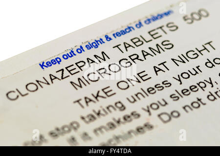 Box of Clonazepam tablets 500 micrograms for the treatment of sleep disorders and epilepsy. Stock Photo