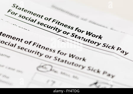 UK NHS Statement of Fitness to Work (or 'Sick Line') indicating the patient is not fit for work. Stock Photo