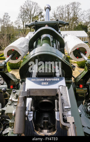 105mm Light Field Gun Howitzers from the Royal Artillery with instructions 'SALUTING PURPOSES ONLY' not for use in combat Stock Photo