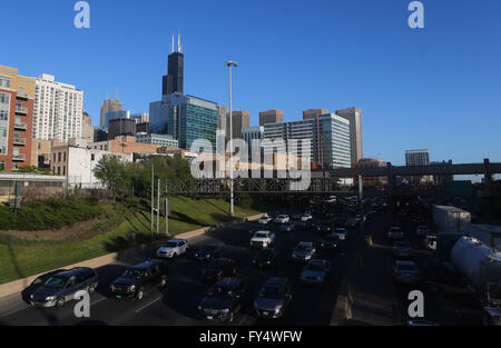 Traffic jam in both directions of Interstate 90/94 (I-90/94) aka the Kennedy Expressway in Chicago, Illinois, USA Stock Photo