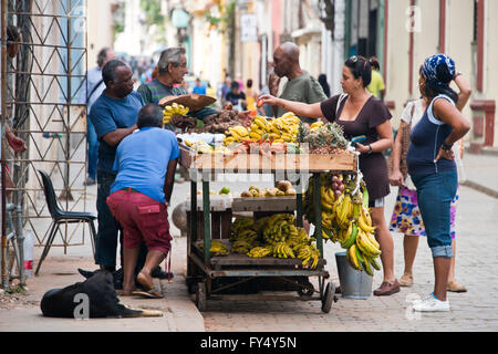 Horizontal streetscape of a fruit and veg stall in Old Havana, Cuba. Stock Photo