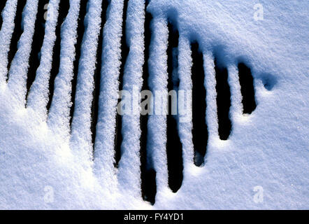 Fresh snow on storm sewer grate creates abstract graphic pattern