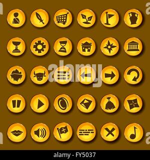 Cartoon vector video game icon set in greek style. Gold coins with video game app symbols for graphic user interfaces. Stock Vector