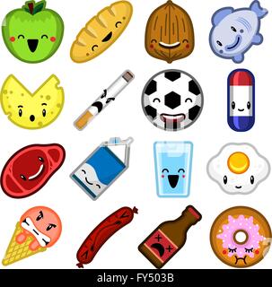 Cartoon vector video game characters and icons related with food and healthy lifestyle. Funny and happy food character design Stock Vector