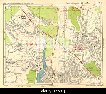 NW LONDON. Hendon Aerodrome Kingsbury Green The Hyde. BACON, 1928 vintage map Stock Photo