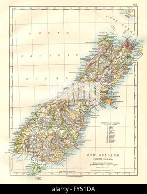 SOUTH ISLAND NEW ZEALAND. Showing counties. Telegraph cables. JOHNSTON, 1920 map Stock Photo