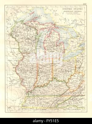 USA MID WEST. Wisconsin Michigan Illinois Ohio Indiana Kentucky TN, 1920 map Stock Photo