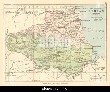 COUNTY DURHAM: Antique map. Railways roads. Constituencies. PHILIP, 1884 Stock Photo