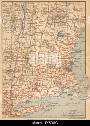 RAILWAY MAP OF THE NEW ENGLAND STATES. USA. BAEDEKER, 1904 Stock Photo