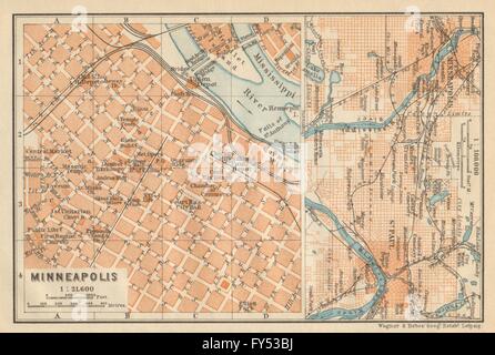 MINNEAPOLIS ST. PAUL antique town city plan. Minnesota. BAEDEKER, 1904 old map Stock Photo