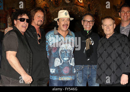 The original Santana band reunites to announce their special live performance at House of Blues inside Mandalay Bay resort and casino  Featuring: Neal Schon, Gregg Rolie, Carlos Santana, Michael Shrieve, Michael Carabello, Santana Where: Las Vegas, Nevada, United States When: 21 Mar 2016 Stock Photo