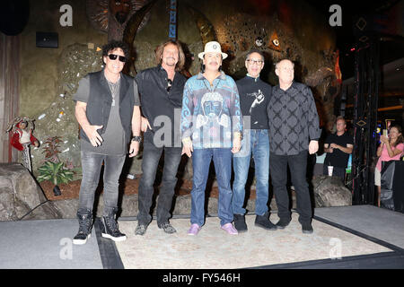 The original Santana band reunites to announce their special live performance at House of Blues inside Mandalay Bay resort and casino  Featuring: Neal Schon, Gregg Rolie, Carlos Santana, Michael Shrieve, Michael Carabello, Santana Where: Las Vegas, Nevada, United States When: 21 Mar 2016 Stock Photo