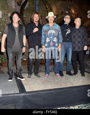 The original Santana band reunites to announce their special live performance at House of Blues inside Mandalay Bay resort and casino  Featuring: Neal Schon, Gregg Rolie, Carlos Santana, Michael Shrieve, Michael Carabello, Santana Where: Las Vegas, Nevada, United States When: 21 Mar 2016 Stock Photo