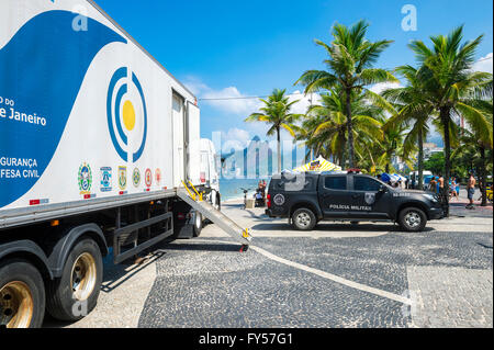 RIO DE JANEIRO - FEBRUARY 28, 2016: Police truck stands parked at the entrance to Arpoador to improve security. Stock Photo
