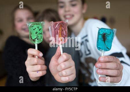 lollypop with insects inside (ants, mealworm and scorpion) Stock Photo