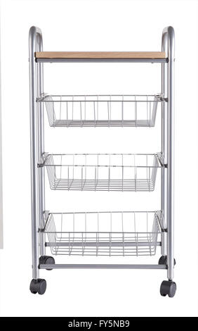 metal shelves rack with wooden top and wheels isolated on white background Stock Photo